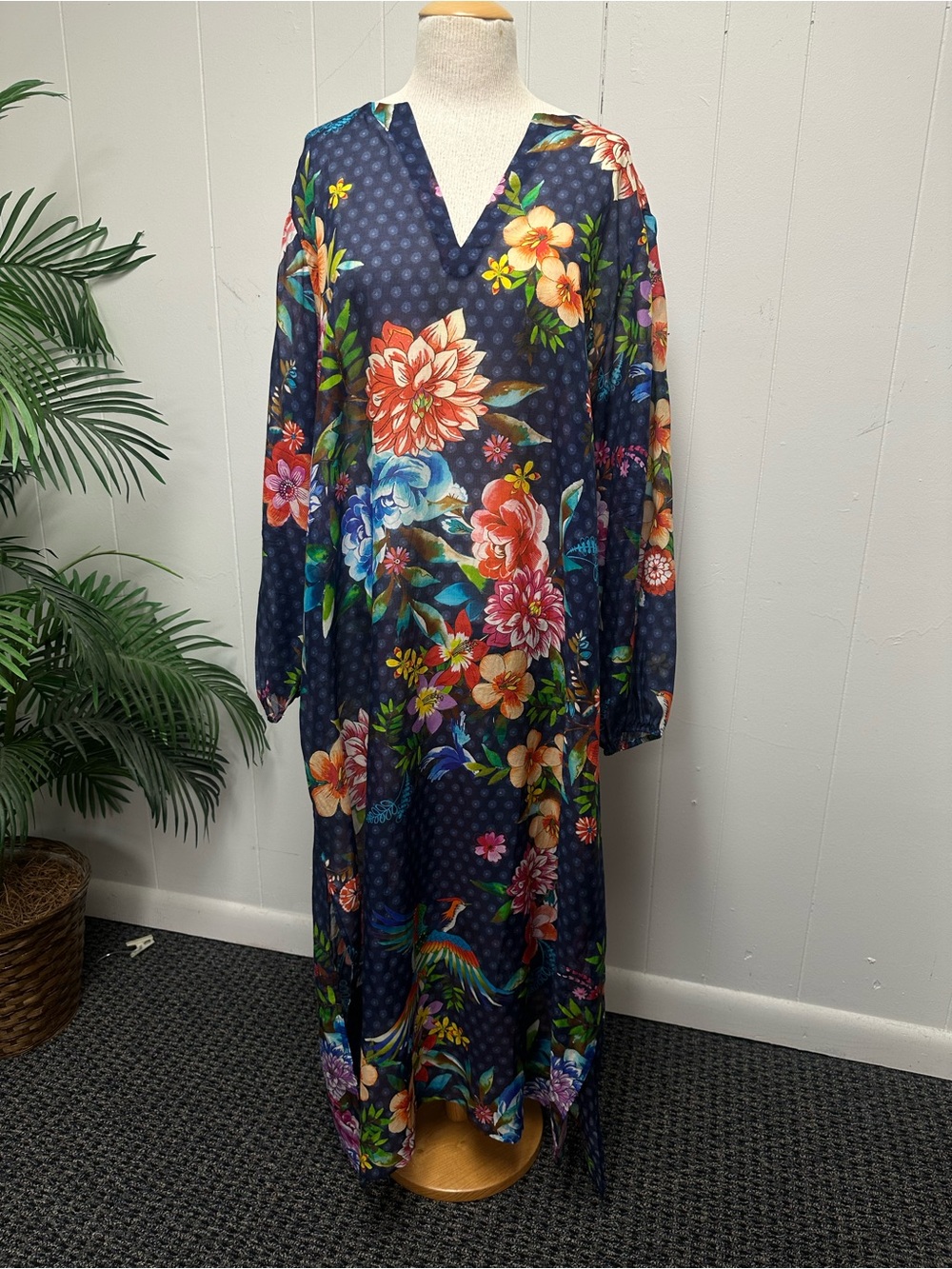 Johnny Was Multi-Color Floral V-Neck Navy Maxi Dress